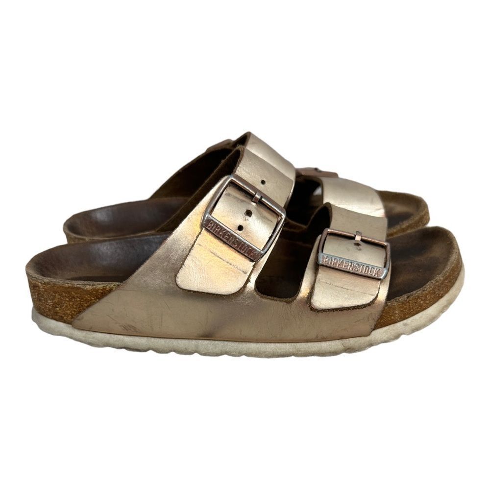 Birkenstock Arizona Soft Footbed Metallic Rose Gold Leather Sandals Size 37